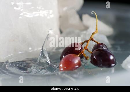 Bunches of grapes in ice water with colorful flashes photographed in studio Stock Photo