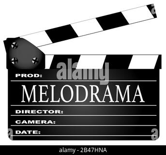 A typical movie clapperboard with the legend Melodrama isolated on white. Stock Vector