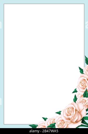 Blue frame with painted beige roses and green leaves in the corner on a white background. Decorative element for invitations, cards and design. Stock Photo