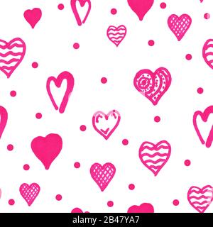 Cute doodle style hearts seamless pattern. Valentine's Day handwritten background. Marker drawn different heart shapes and silhouettes. Hand drawn Stock Photo