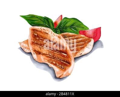 Painted grilled chicken with tomatoes and Basil on white background Stock Photo