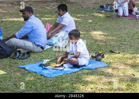 Kandy, Sri Lanka: 03/19/2019: Peradeniya Botanical Gardens small school boy seated eating traditional lunch of rice Stock Photo