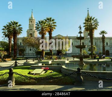 Panoramic view of Arequipa main square and cathedral church -  Perù Stock Photo