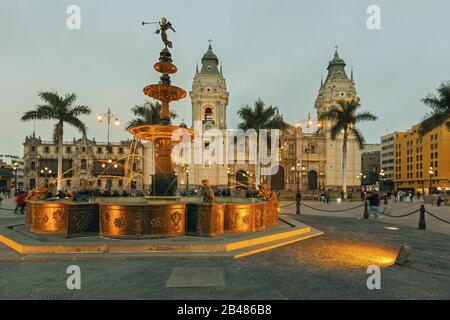 Panoramic view of Lima main square and cathedral church, Lima, Perù Stock Photo