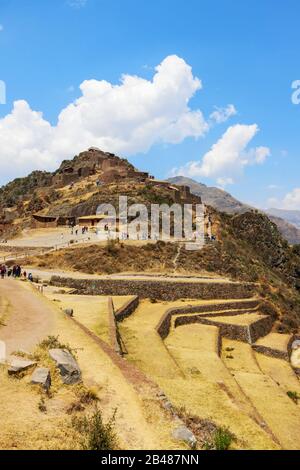 Ruins of the Temple of the Sun at Pisac in the Sacred Valley - Peru. Stock Photo