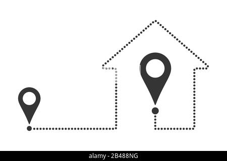 Location pins with a route in the shape of a house. Outline home location icon. The way home. Vector illustration. Stock Vector