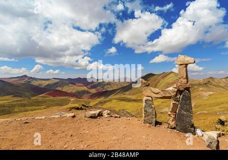 Stunning view at Palccoyo rainbow mountain (Vinicunca alternative), mineral colorful stripes in Andean valley, Cusco, Peru, South America Stock Photo