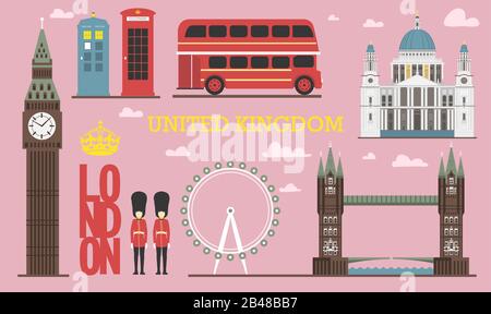 England architecture info graphic. Vector illustration, Big Ben in London, tower bridge and double decker bus, Police box, St Pauls Cathedral, queens Stock Vector