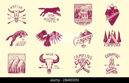 Set of camping labels or badges. Hiking or hunting emblems and outdoor adventure elements collection. Monochrome forest and alpine mountains, campfire Stock Vector