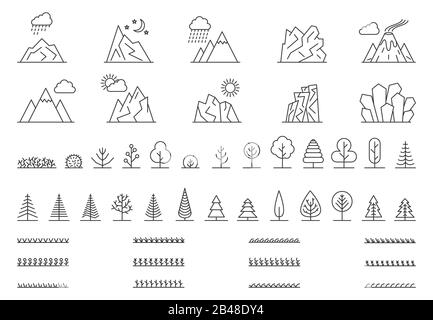 Big set of linear nature icons. Landscape related outline icons. Black icons in thin line style. Vector illustration Stock Vector
