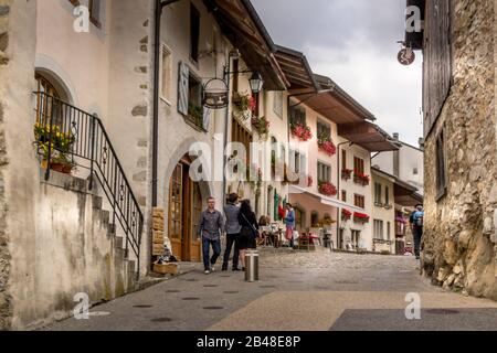 Europe, Switzerland, Freiburg, gruyere cheese, Les Grands-Chemins, church,  Église Saint Théodule, architecture, trees, buildings, historically, scener  Stock Photo - Alamy