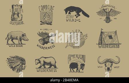Set of camping labels or badges. Hiking or hunting emblems and outdoor adventure elements collection. Monochrome forest and alpine mountains, campfire Stock Vector