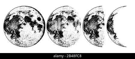 Moon phases planets in solar system. Astrology or astronomical galaxy space. Orbit or circle. Engraved hand drawn in old sketch, vintage style for Stock Vector