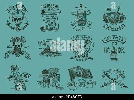 Set of pirate labels. Corsairs, skull at anchor, map to treasure, military black beard, Caribbean island. Jolly roger. Hand drawn Engraved old labels Stock Vector