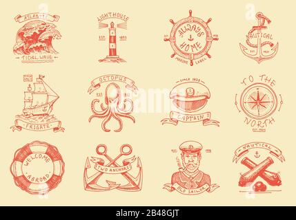 Marine and nautical emblems. Set of engraved vintage, hand drawn old sea, ocean labels or badges. Life ring, cannon ball, captain with pipe. Welcome Stock Vector