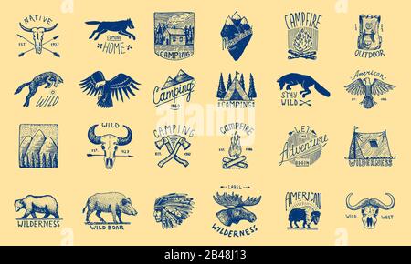 Set of camping labels or badges. Hiking or hunting emblems and outdoor adventure elements collection. Monochrome forest and alpine mountains, campfire Stock Vector