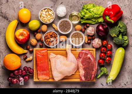A set of products for paleo, pegan and a whole 30 diets, top view. Stock Photo