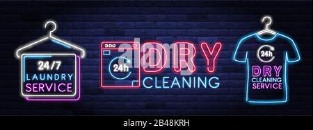 Dry cleaning service neon banner Stock Vector