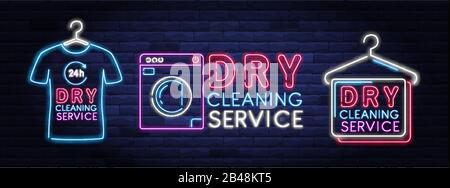 Dry cleaning service neon banner Stock Vector