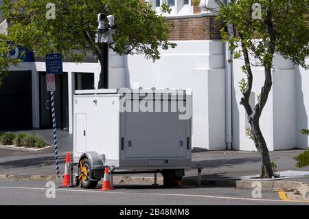 View of a CCTV surveillance trailer parked on a street in Brisbane, Australia Stock Photo