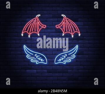 Illuminated neon heart with angel wings and halo Stock Vector