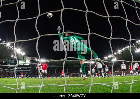 5th March 2020, Pride Park Stadium, Derby, England; Emirates FA Cup 5th Round, Derby County v Manchester United : Luke Shaw (23) of Manchester United scores to make it 0-1 Stock Photo