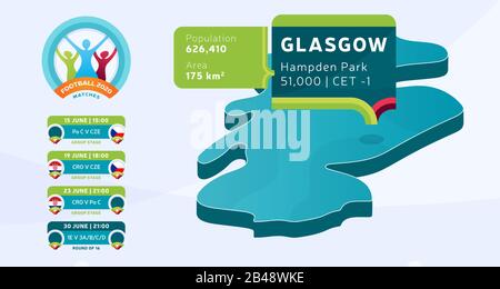 Isometric Scotland country map tagged in Glasgow stadium which will be held football matches vector illustration. Football 2020 tournament final stage Stock Vector