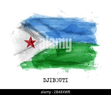 Realistic watercolor painting flag of Djibouti . Vector . Stock Vector