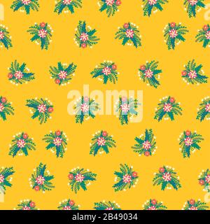 Summer flower bouquets seamless vector pattern. Ditsy florals on yellow background.  Stock Vector