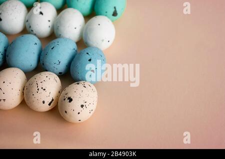 eggs,Pastel color, easter colorful decor on beige backgground. Stock Photo