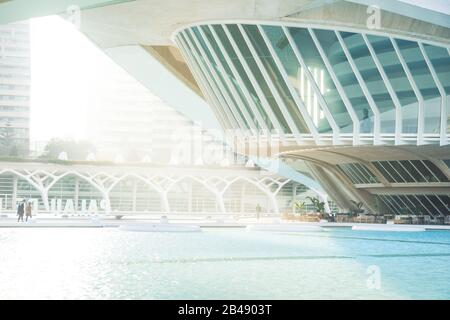 Valencia, Spain - 17 February 2020: Tourists walking along Palau des Arts Reina Sofia in the City of Arts and Sciences designed by architects Santiago Stock Photo