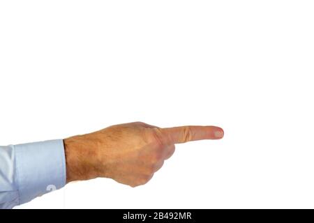 left hand of a man in light blue business shirt with streched out forefinger pointing at something, white background, copy space Stock Photo