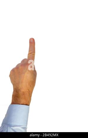 left hand of a man in light blue business shirt with streched out forefinger pointing at something, white background, copy space Stock Photo