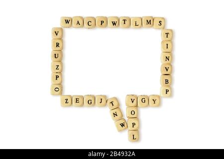 Speech bubble made of wooden letter blocks on white background Stock Photo