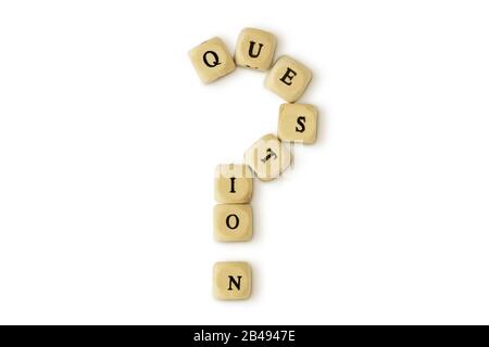 Question mark made of wooden letter blocks on white background Stock Photo