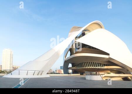 Valencia, Spain - 17 February 2020: Front entrance of Palau des Arts Reina Sofia in the City of Arts and Sciences designed by architects Santiago Cala Stock Photo