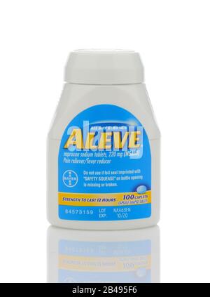 IRVINE, CALIFORNIA - MAY 22, 2019:  A bottle of Aleve Caplets, a Naproxen Sodium pain reliever from Bayer. Stock Photo