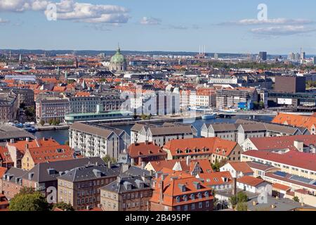 Aerial northerly view of Copenhagen, capital city, Denmark. residential Christianshavn, main inner harbour canal, Frederiksstaden, the North Harbour. Stock Photo