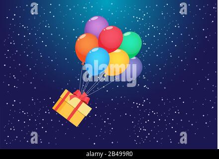 Illustration of surprise box with balloons, fly in the night sky Stock Vector