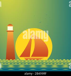 Sunset at sea with yachts. Sea voyage on the yacht.. Yachting. Vector Illustration Stock Vector