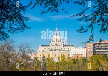 Almudena cathedral from Las Vistillas. Madrid, Spain. Stock Photo