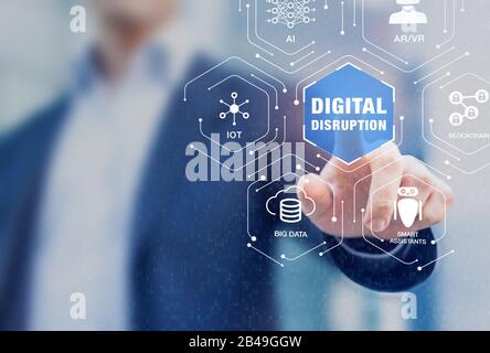 Digital disruption with emerging technologies such as internet of things (IoT), artificial intelligence (AI), big data analytics and blockchain fintec Stock Photo