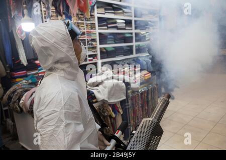 Tehran, Iran. 6th Mar, 2020. Firefighter teams with protective suits disinfect the Tajrish Bazaar as a precaution to the coronavirus (Covid-19) in Tehran, Iran. Iranian officials canceled Friday prayer for the second week due to concerns over the spread of coronavirus and COVID-19. According to the last report by the Ministry of Health, there are 4,747 COVID-19 cases in Iran. 147 people have died so far. A Health Ministry spokesman warned authorities could use unspecified 'force' to halt travel between major cities. Credit: Rouzbeh Fouladi/ZUMA Wire/Alamy Live News Stock Photo