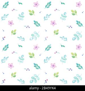 Spring seamless pattern of flowers and leaves in watercolor, greetings card, isolated on white, pastel colors Stock Photo