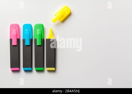 Multicolored highlighters. Isolated on white background close up Stock Photo