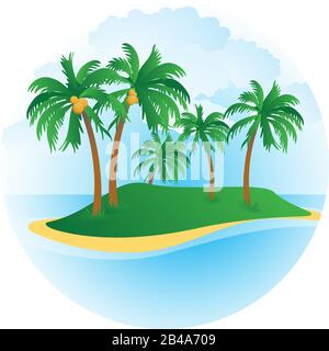 Illustration of a small desert island with palm trees, sea and beach, with nice background vector Stock Vector