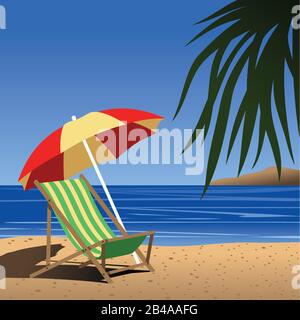 Illustration of beach ocean,chair,tree in nice color Stock Vector