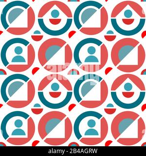 Geometry people in cricles seamless pattern. Red turquoise circle pattern on white background Stock Vector
