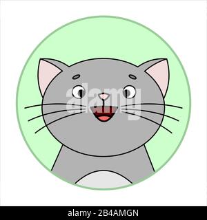 Cute Surprised Cat, Round Icon, Emoji. Gray Cat With A Whiskers, Smiles. Vector Image Isolated On A White Background. Stock Vector