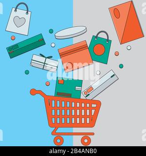 supermarket cart filled with many products flat modern design vector Stock Vector
